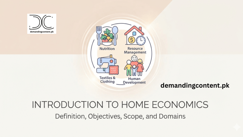 An educational infographic illustrating the major domains of Home Economics, including Nutrition, Resource Management, Textiles & Clothing, and Human Development, with the title Introduction to Home Economics.
